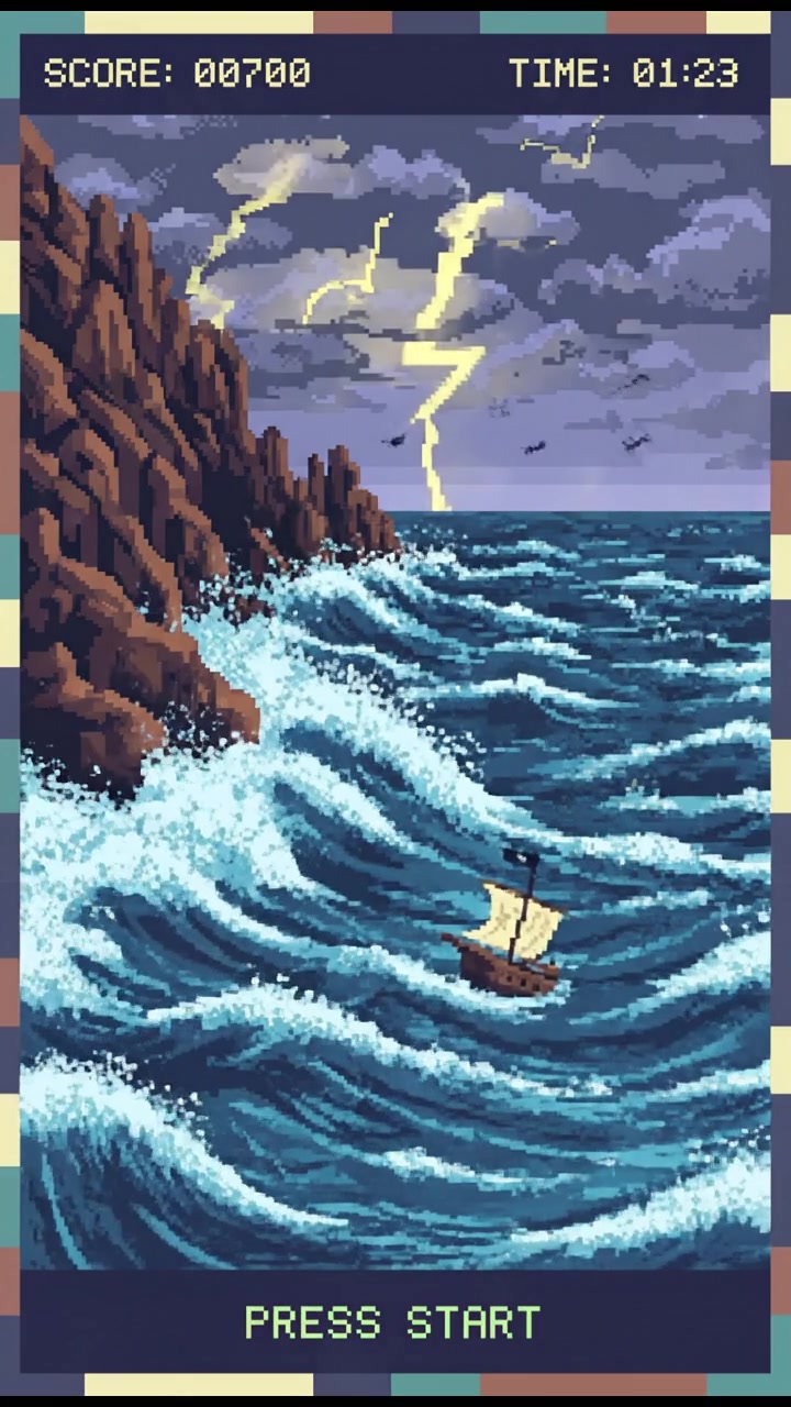 A stormy ocean with dark clouds, waves crashing against rocky cliffs, symbolizing chaos.