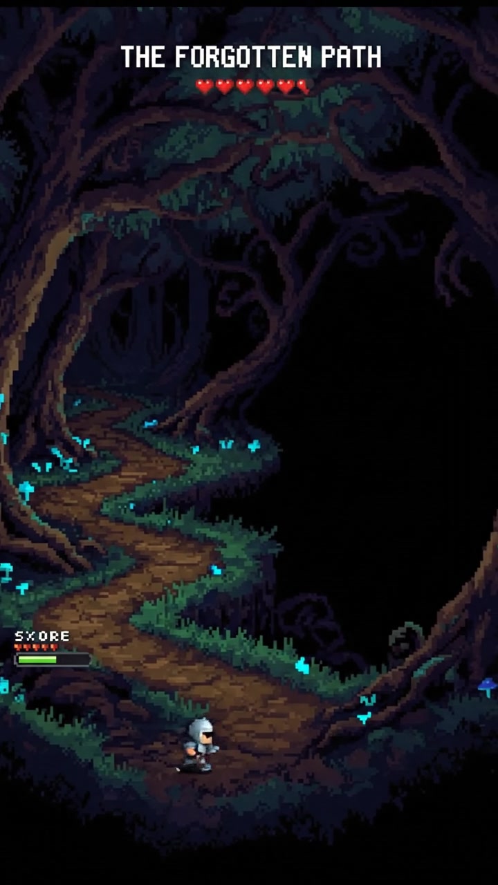 A dark forest scene with twisted trees and shadows, depicting an overgrown path that fades into darkness.