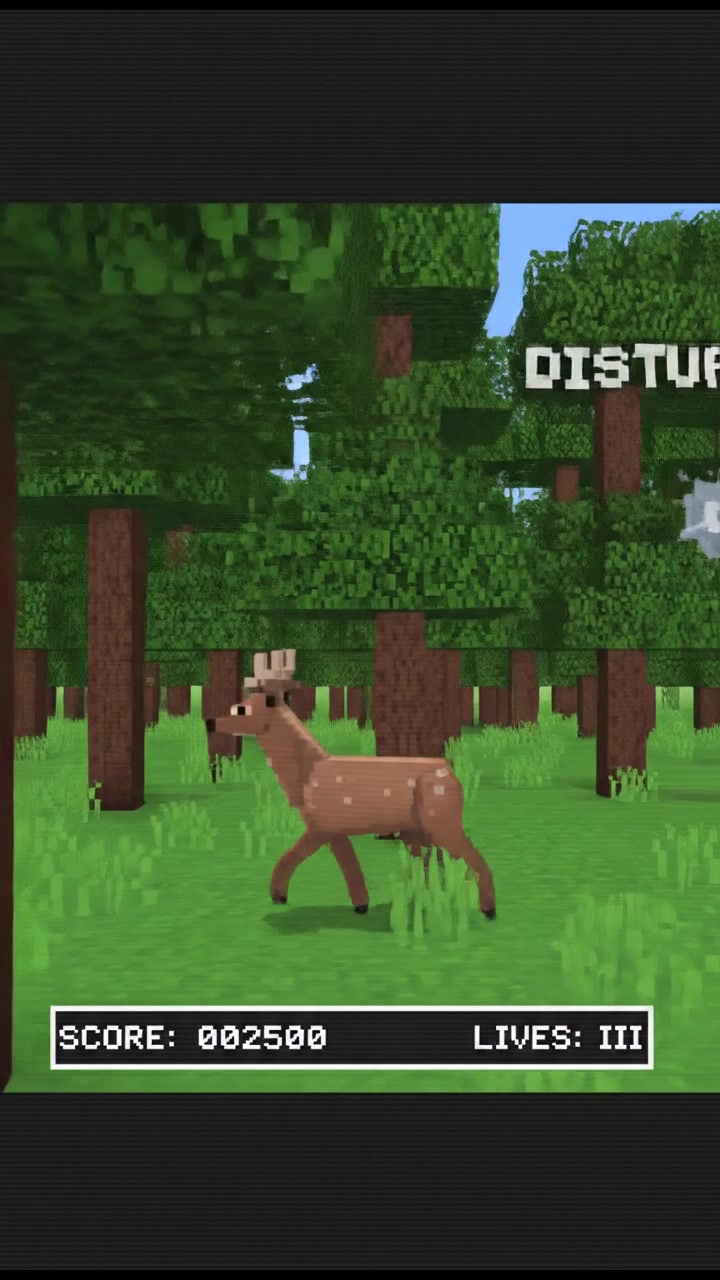 A dense Minecraft forest with tall trees and pixelated grass, where a sudden sound disturbs the tranquility.