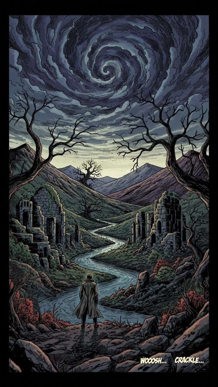 A serene landscape with rolling hills and a clear blue sky, with subtle sounds of nature in the background.