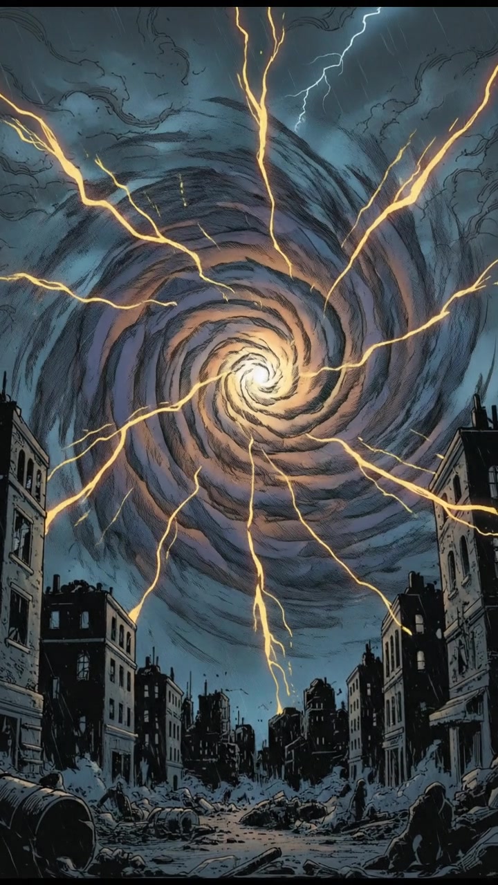 A swirling portal appearing in mid-air, with sparks flying around it.