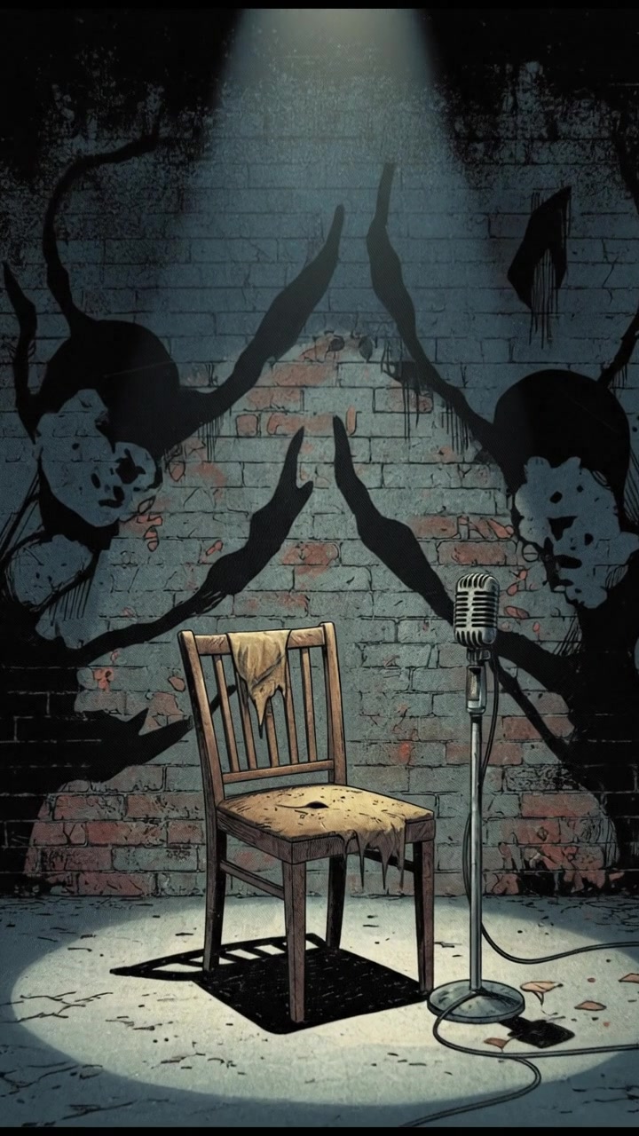 A darkened room with a spotlight on an empty chair and a microphone, casting shadows on the walls.