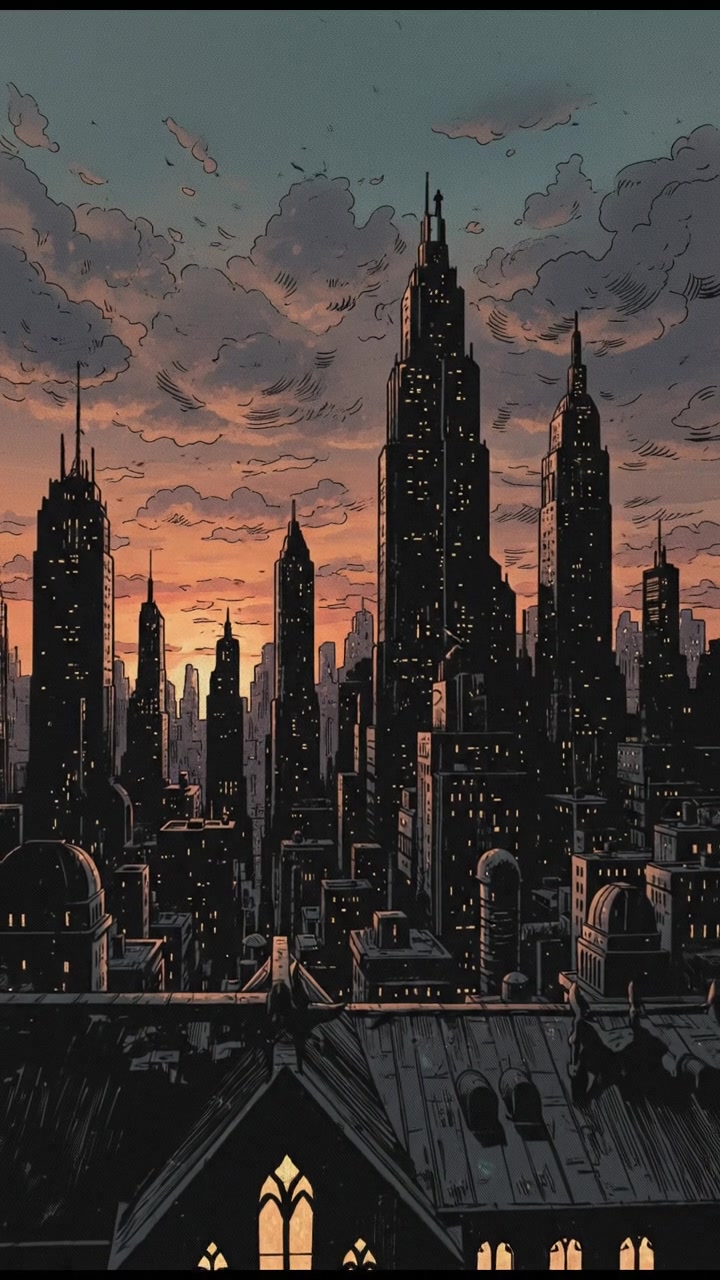 A city skyline at dusk with skyscrapers silhouetted against a colorful sunset.