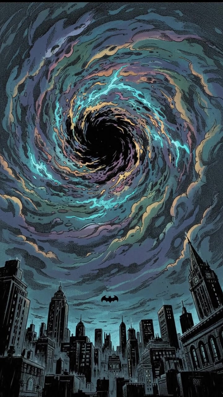A swirling, colorful portal opening up in the cloudy sky above Gotham, creating a dramatic atmosphere.
