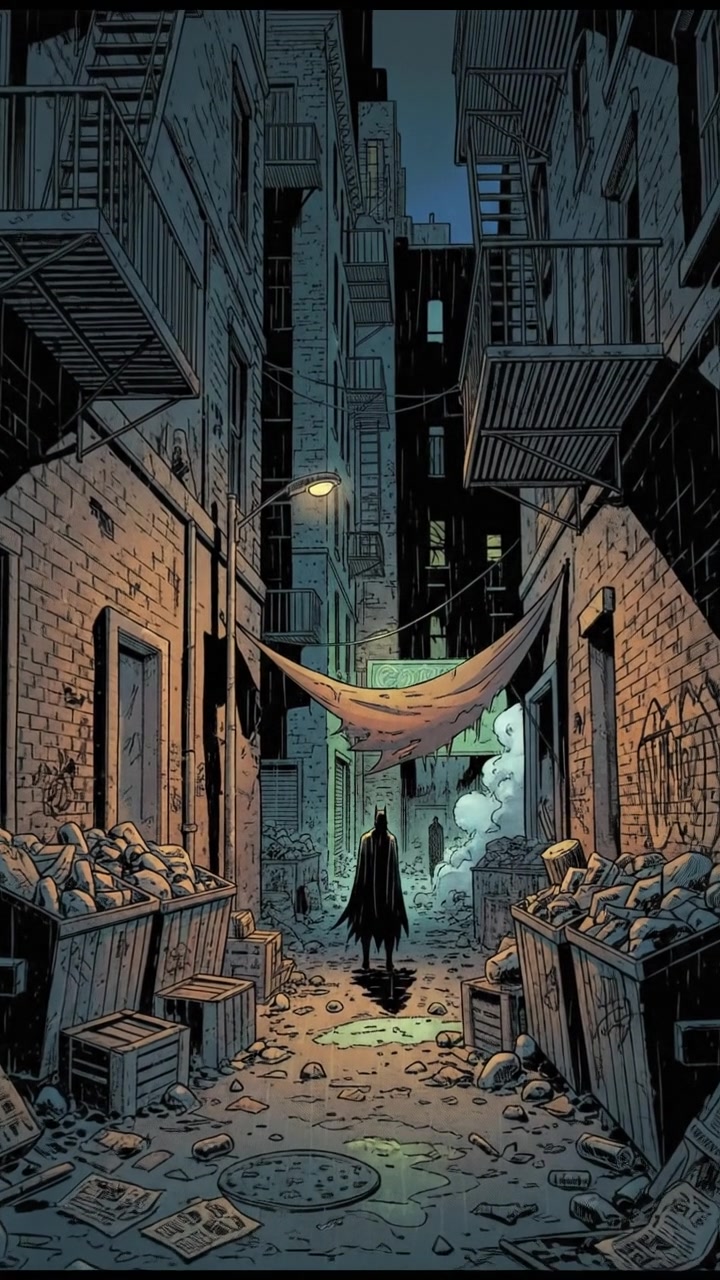 A dark alley in Gotham, littered with debris and shadows, creating a tense atmosphere.