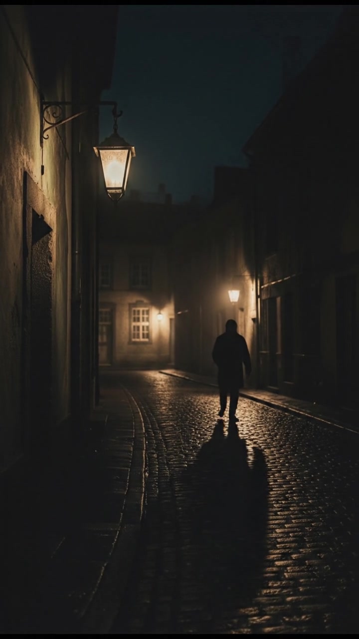 A dark street with shadows, a vague figure standing across the street, partially covered in darkness.