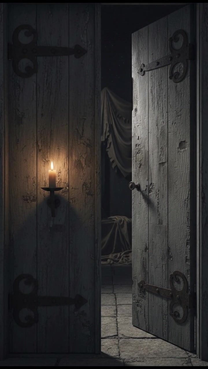 A close-up of an old door slightly ajar, with sounds of faint knocking and weeping echoing in the air.