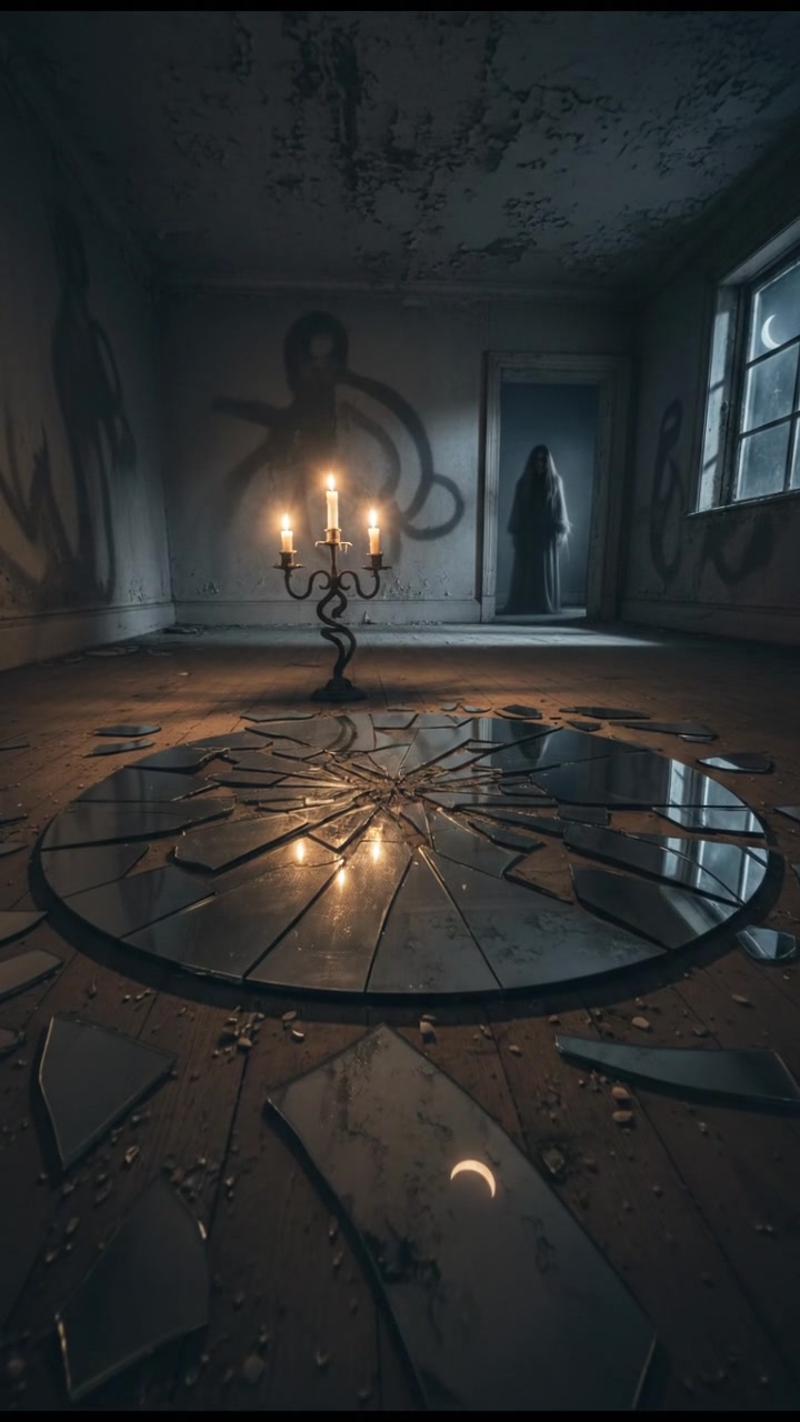 A shattered mirror lying on the floor of a dimly lit room, reflecting fragmented images.