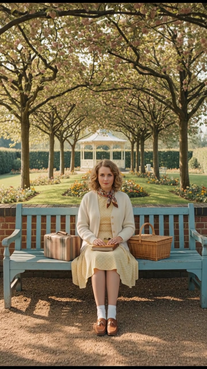 The Ashley sitting on a bench in a park, sunlight filtering through the trees.