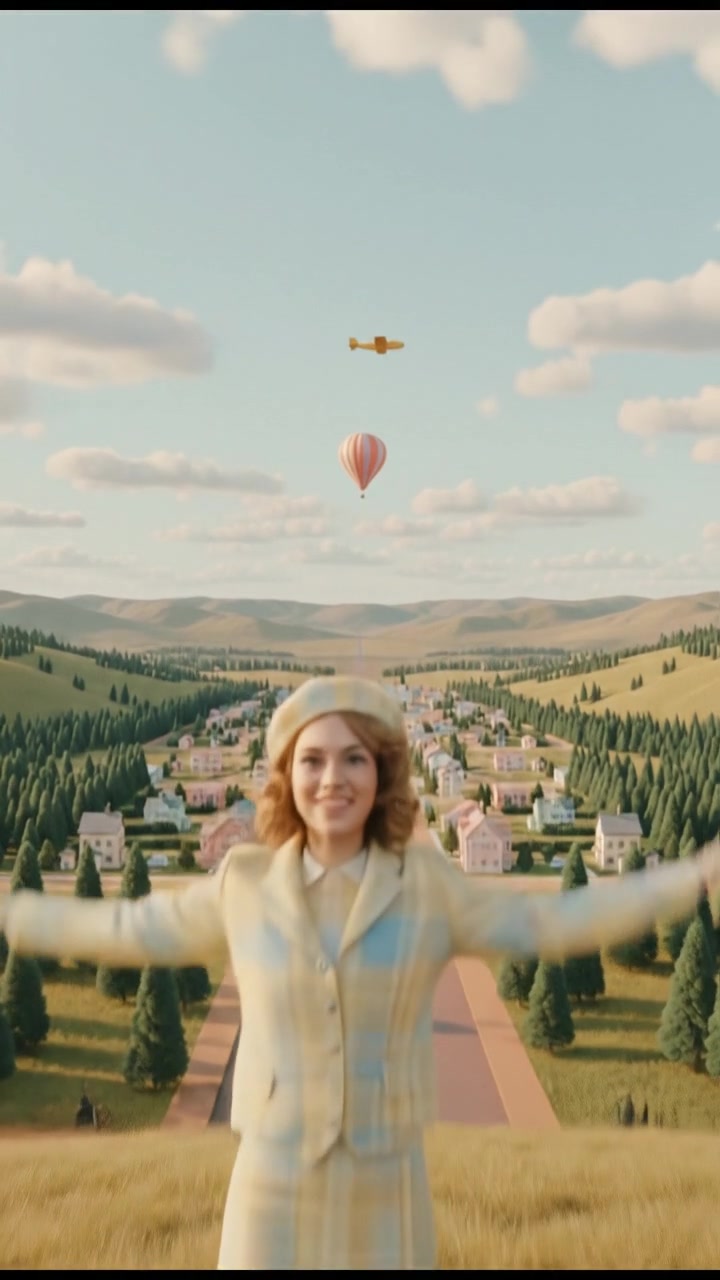 The Ashley standing on a hilltop, overlooking a valley with her arms raised.