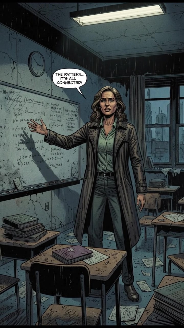 Asha stands at the front of a classroom, gesturing towards a whiteboard with notes.