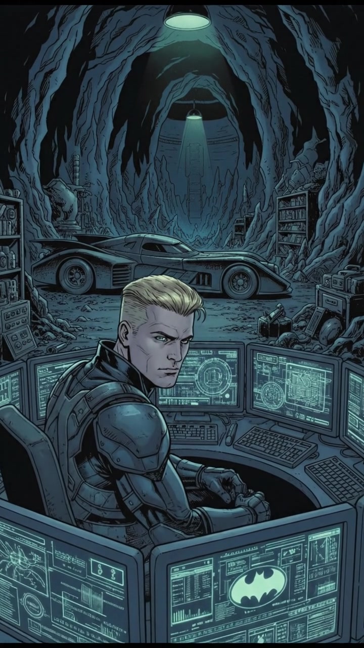 Inside the Batcave, Ryan sitting in front of multiple glowing monitors displaying data.