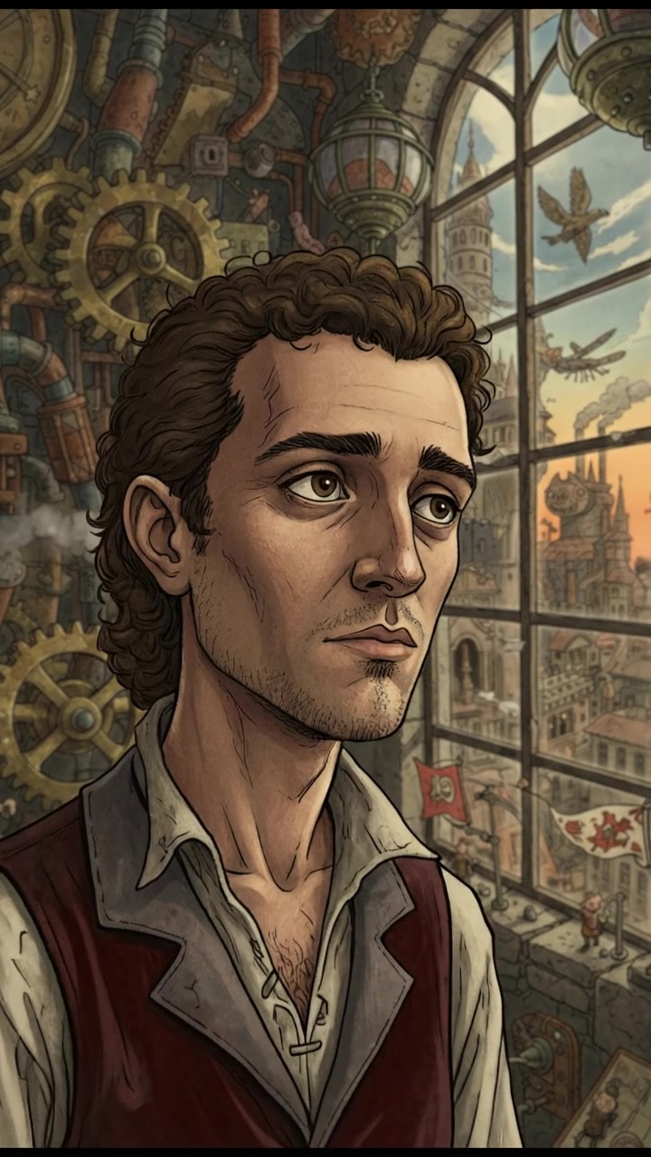 A close-up of Mateo's thoughtful expression as he stands in a dimly lit room, gazing out a window.