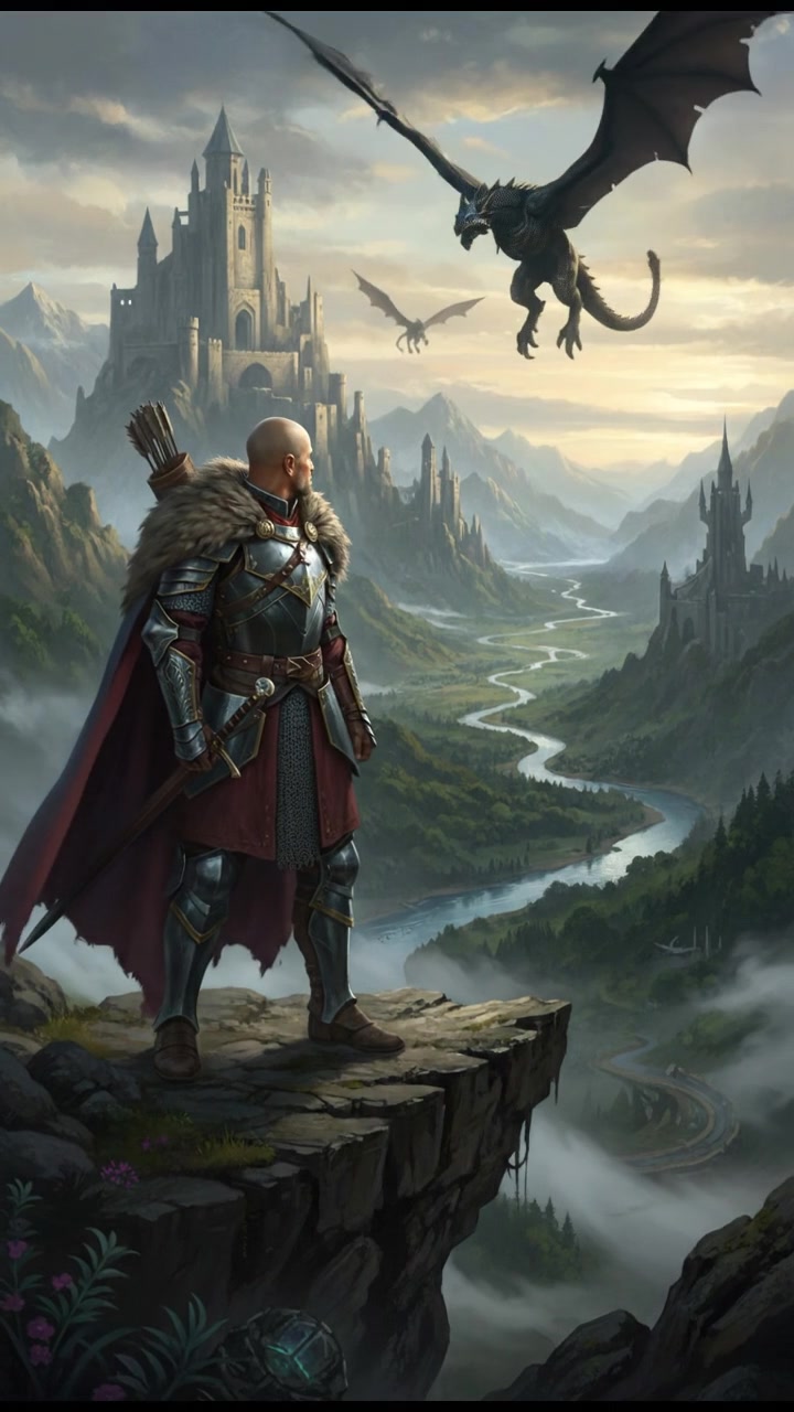 Carlos standing confidently on a rocky cliff, looking out toward a vast landscape, ready for adventure.