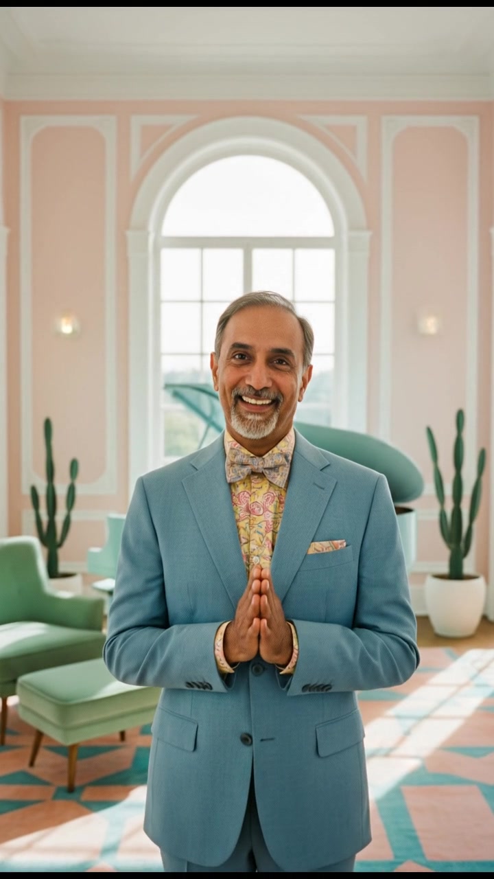 Raj stands in a well-lit room, smiling warmly while expressing gratitude.
