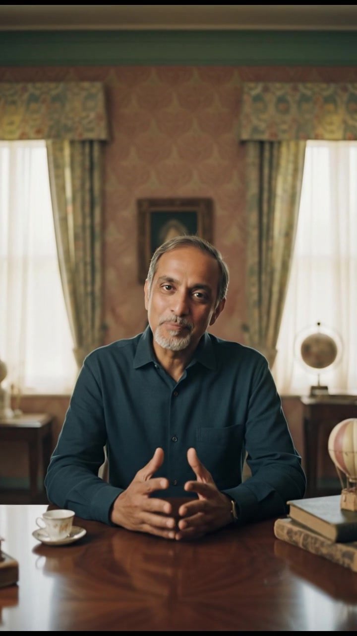 Raj sitting at a wooden table in a cozy room, smiling and looking directly at the viewer.