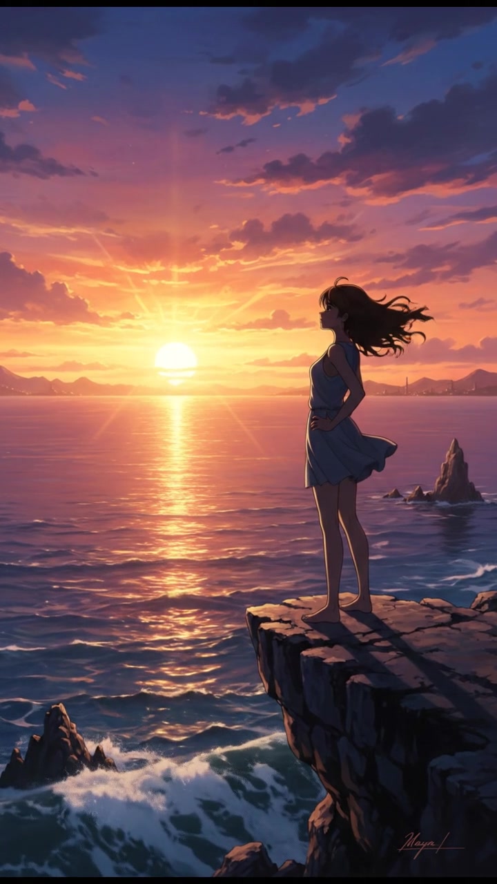 A silhouette of Maya standing on a cliff at sunset, looking out over a vast ocean.