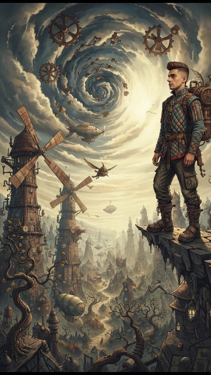 Amir stands at the edge of a cliff, overlooking a vast valley under a cloudy sky.