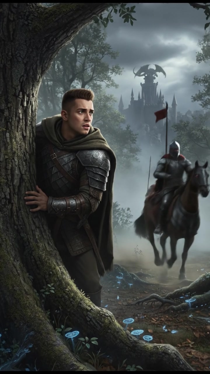 Amir hiding behind a large tree, peering out with a worried expression as the horsemen get closer.