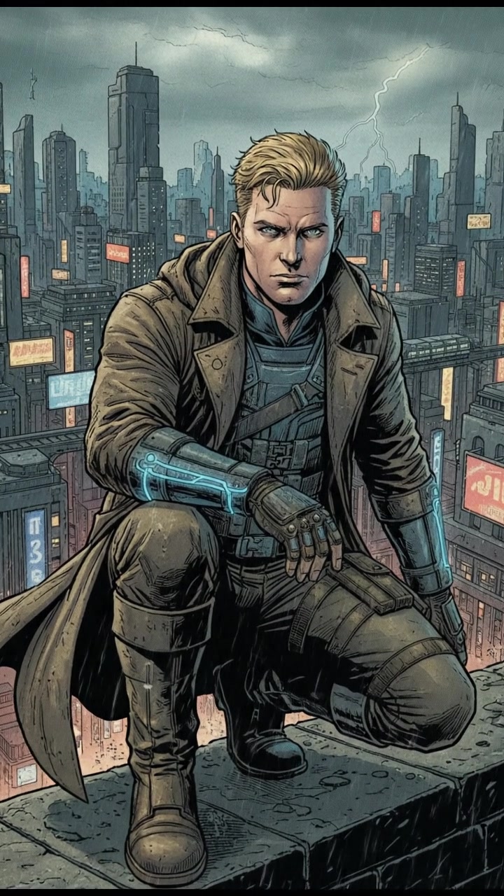 Ryan crouched on a ledge, looking determined as he scans the city with a focused gaze.