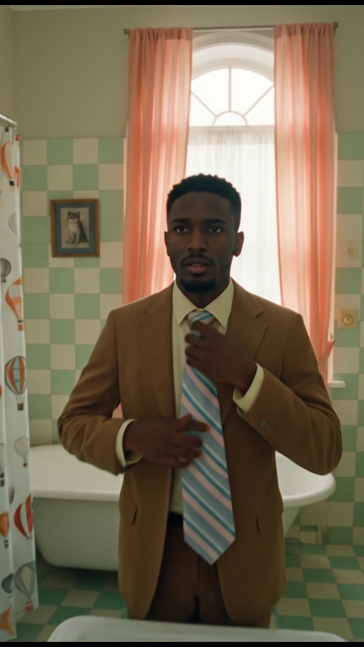 Isaiah stands nervously in front of a mirror, adjusting his oversized tie.