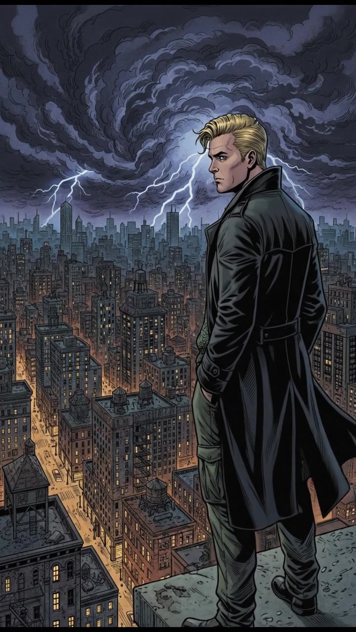 Ryan standing on a rooftop, looking out over the city, unaware of an approaching storm.