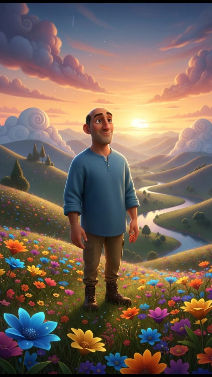 The Carlos standing on a hillside, surrounded by wildflowers, gazing at the horizon.