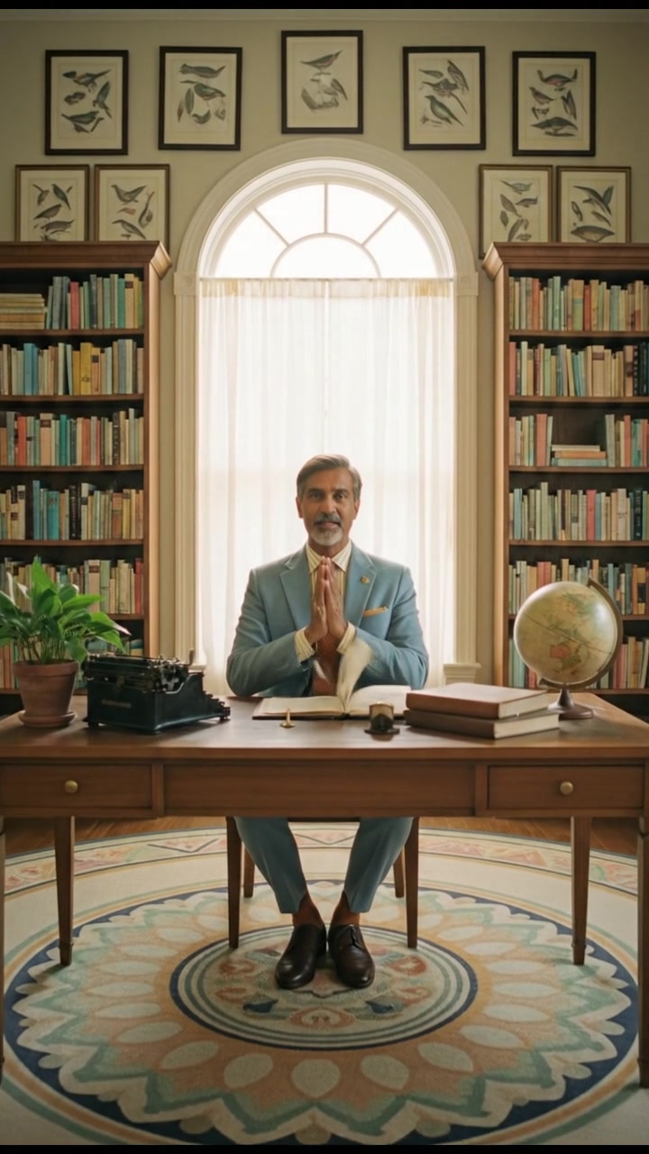 Raj sitting at a wooden desk in a study, surrounded by shelves of books.