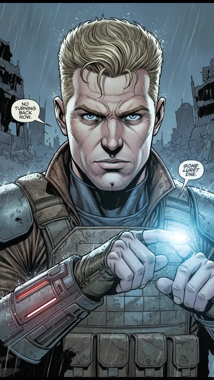 A close-up of Ryan activating his communicator with a serious expression.