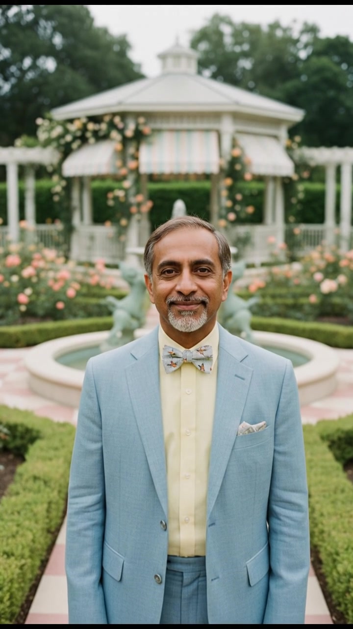 Raj stands in a serene garden, surrounded by lush greenery, with a peaceful expression.