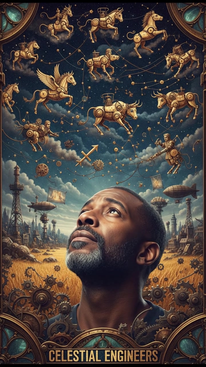 A close-up of Kwame standing in a vast field, looking contemplatively at the sky filled with twelve constellations.