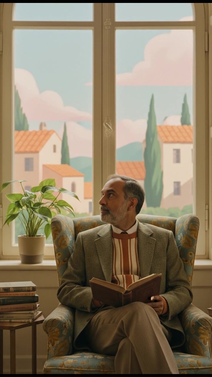 The Raj sitting in a cozy armchair by a window, holding a book, looking pensive.