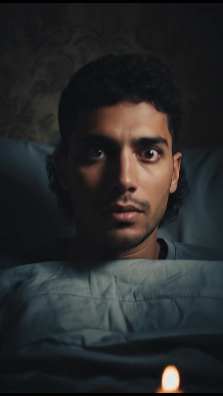 A close-up of the Mateo lying in bed, eyes wide open, as darkness surrounds him.