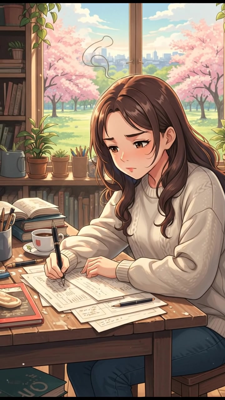 Maya sits at a wooden table, holding a pen and paper, deep in concentration as she writes her thoughts.