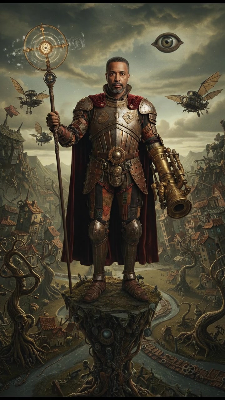 The Kwame standing proudly on a hilltop, overlooking a valley with trees and a distant village.