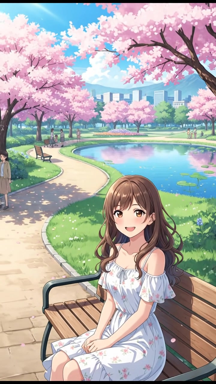 A bright sunny day in a park with Maya smiling while sitting on a bench.