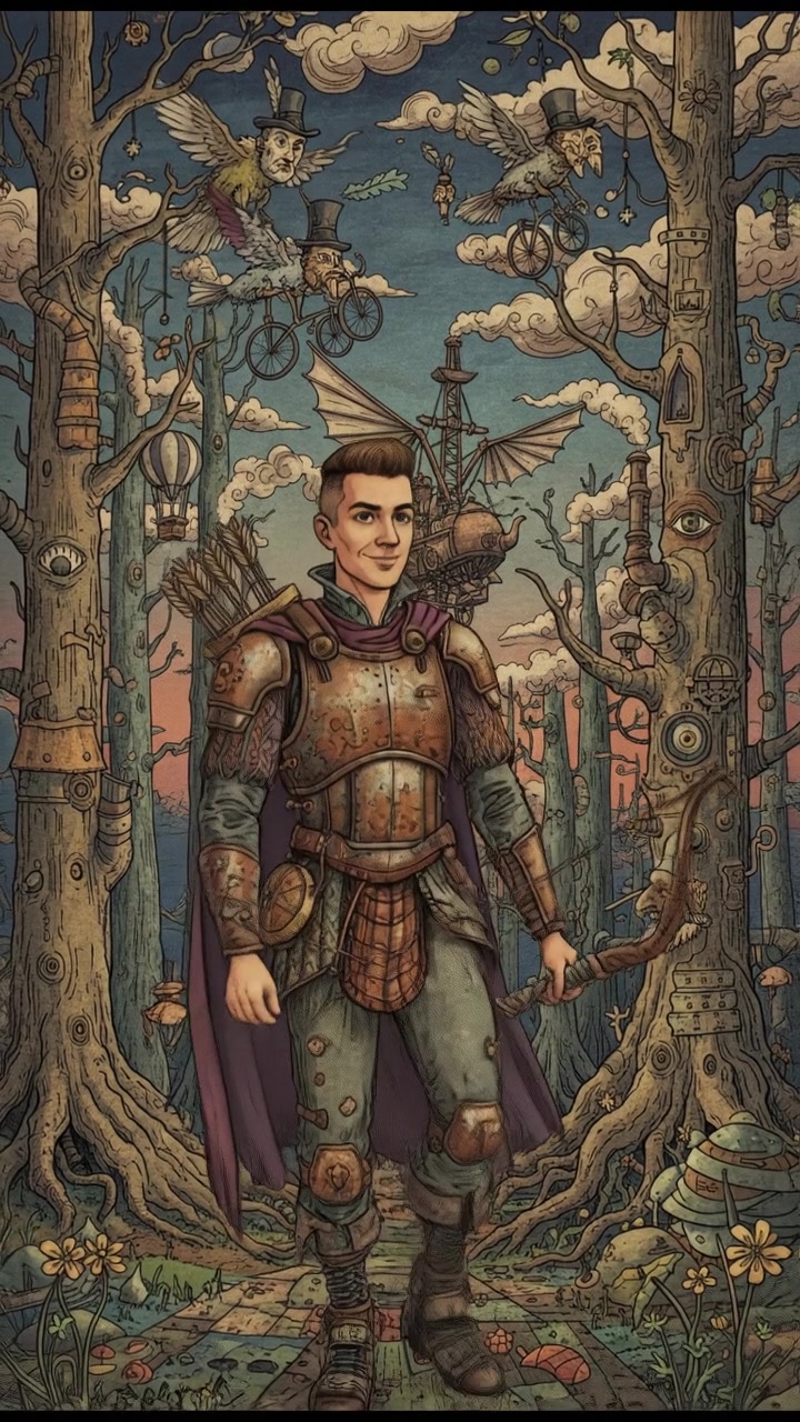 Amir stands at the edge of a dense forest, bow in hand, with tall trees surrounding him.