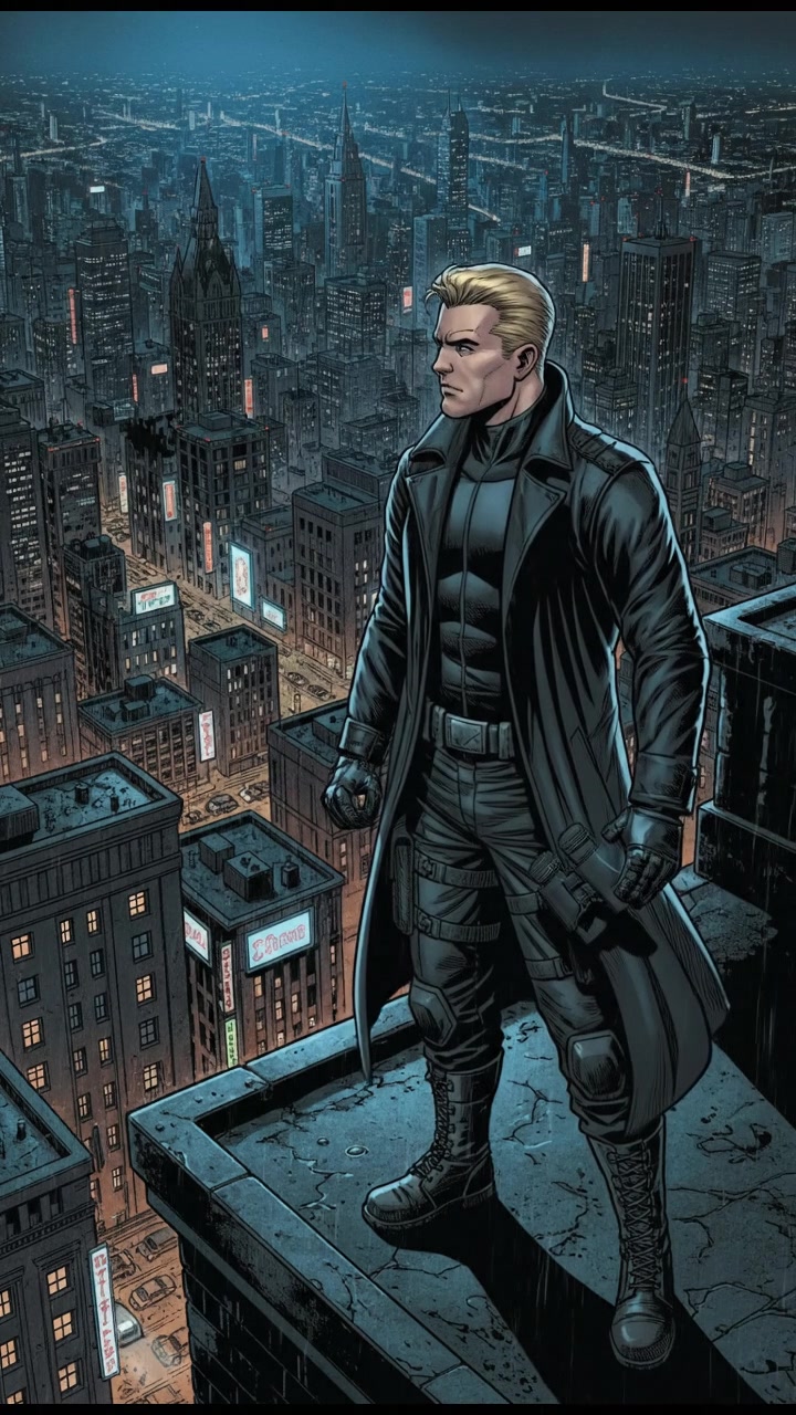 Ryan on a rooftop at night, scanning the city with a determined expression.