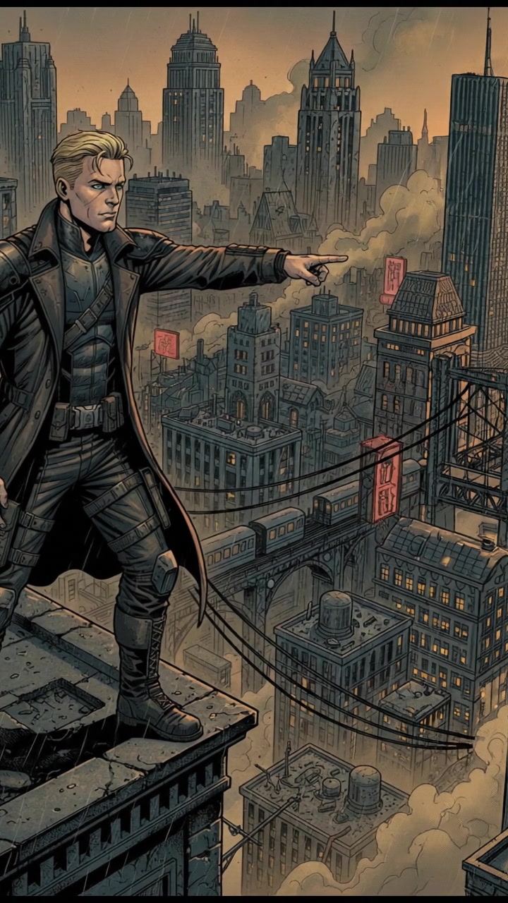 Ryan standing on a rooftop with the city below, pointing into the distance, focused and alert.