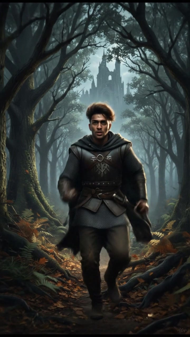 A panicked Arjun running through a dense forest with trees on either side, leaves rustling in the wind.