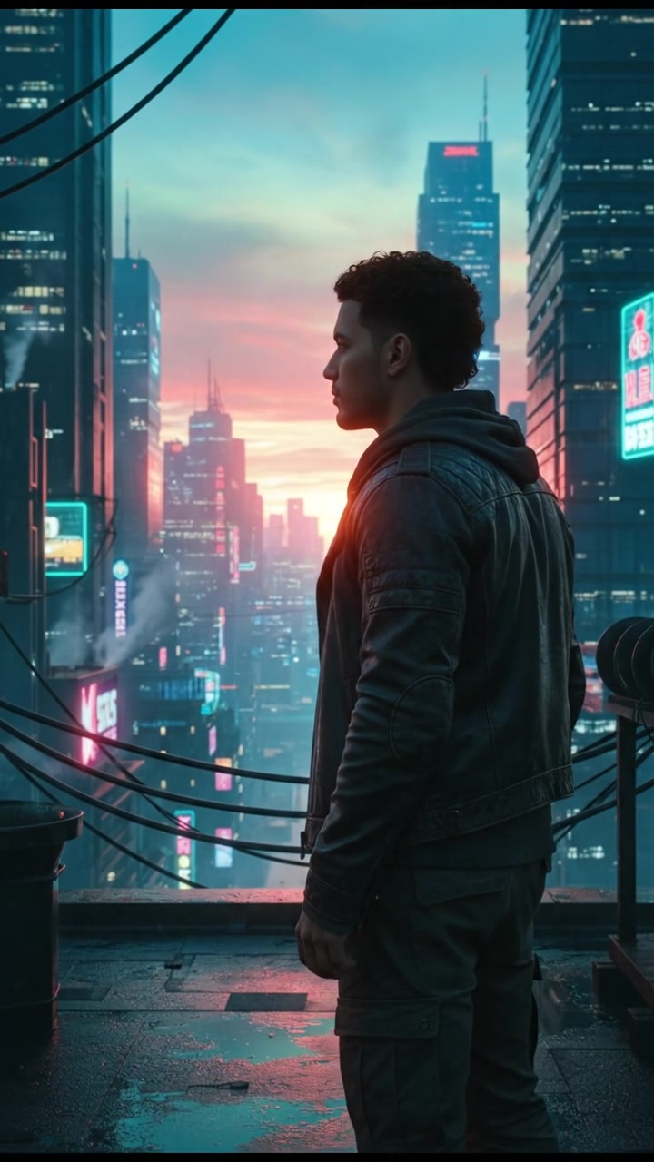 Mateo standing on a rooftop, looking out over a city skyline at sunset.