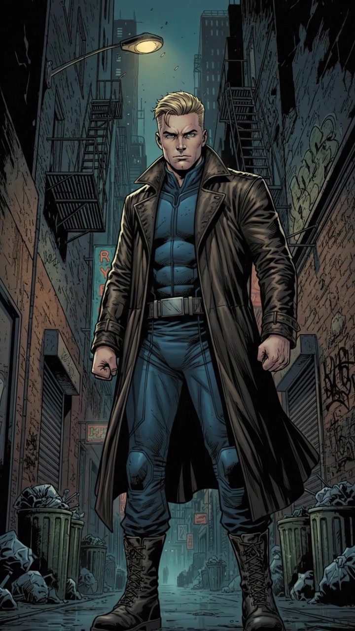 Ryan standing at the entrance of a dark alley, looking determined.