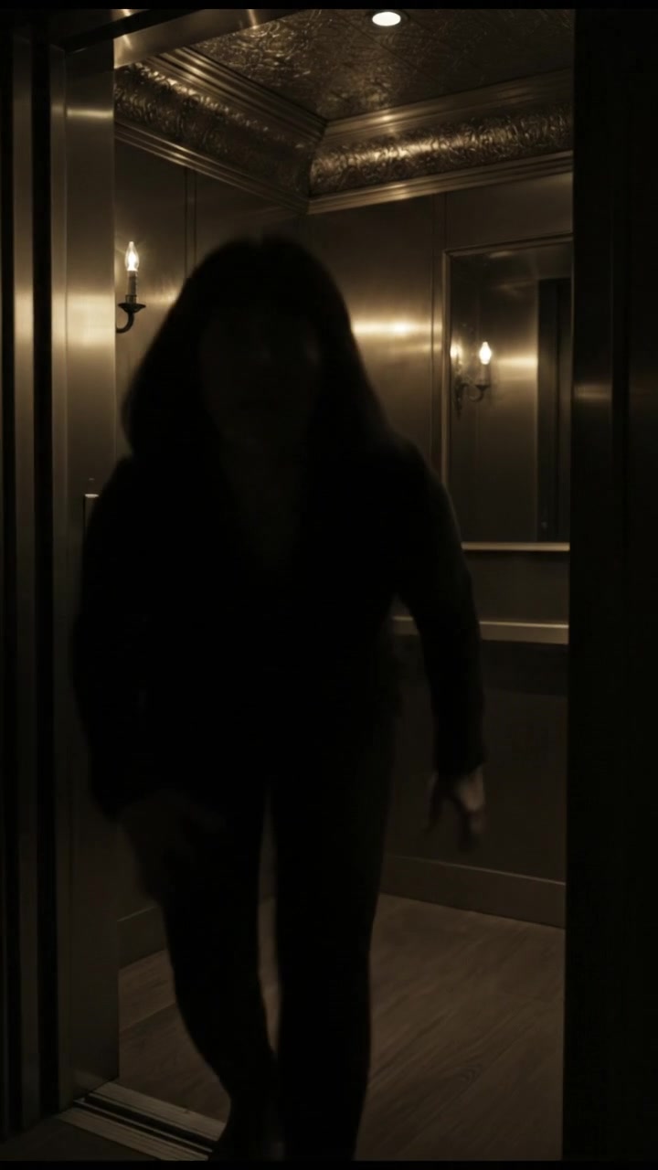 Li crouching in the corner of the elevator, looking fearful as if someone is pursuing her.