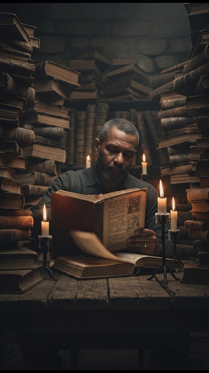 The Kwame sitting at a wooden table, surrounded by stacks of books, focused on an ancient tome.