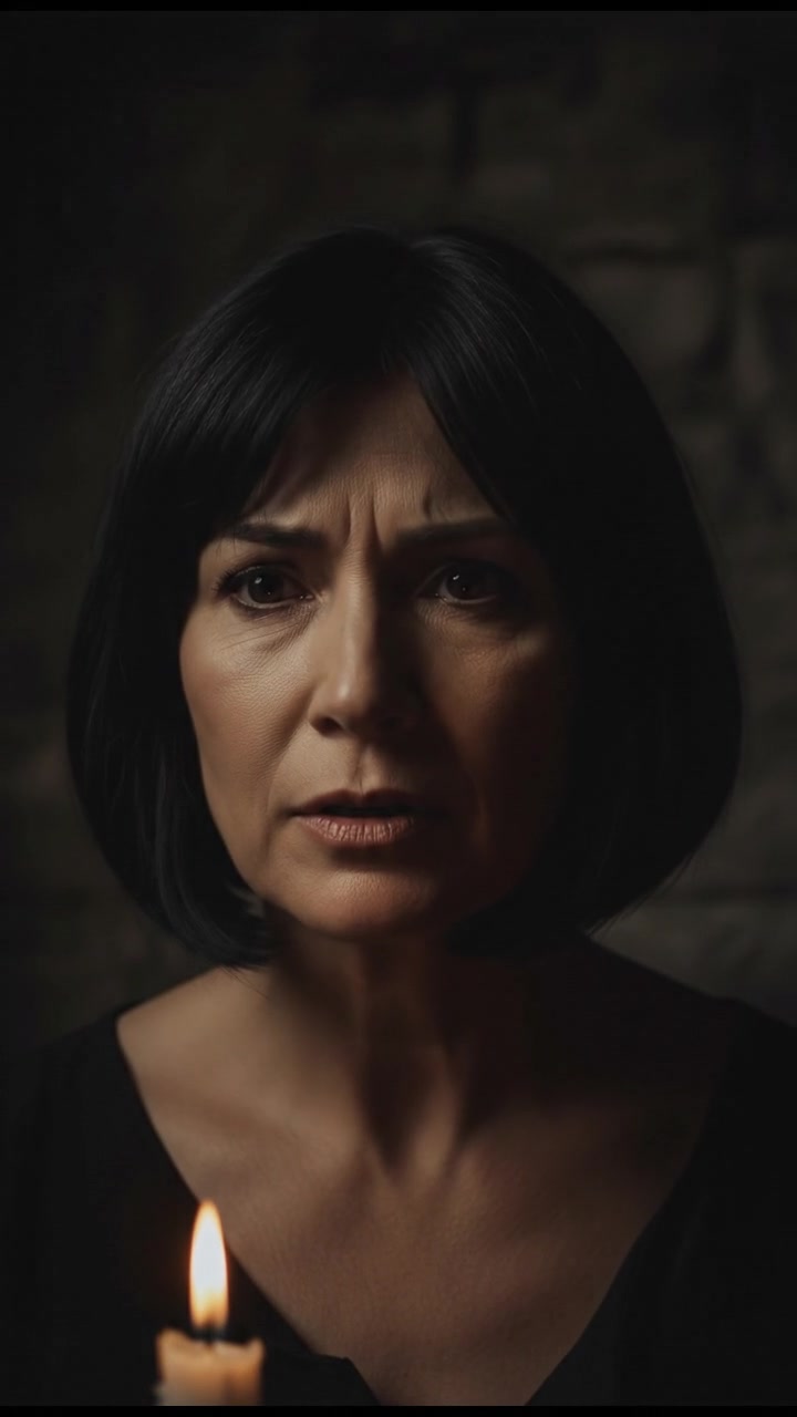 A close-up of Li's face as she speaks, her expression serious and her surroundings dark, emphasizing a spooky atmosphere.