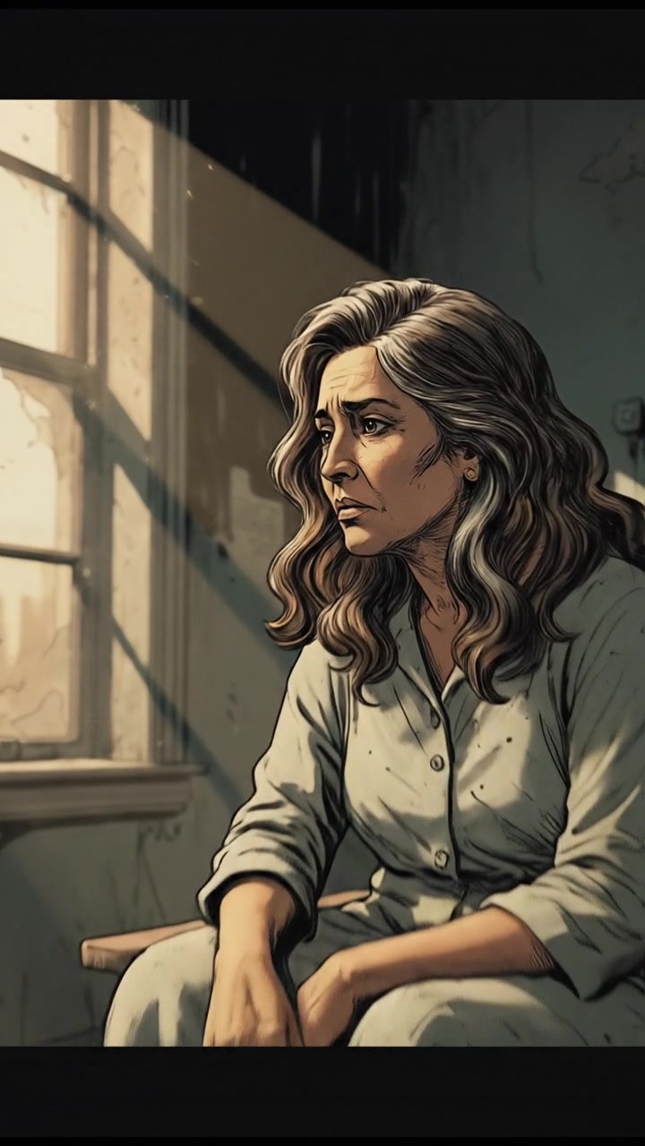 الأم تجلس في غرفة مع ضوء الشمس، تبدو مرتبكة وتفكر.