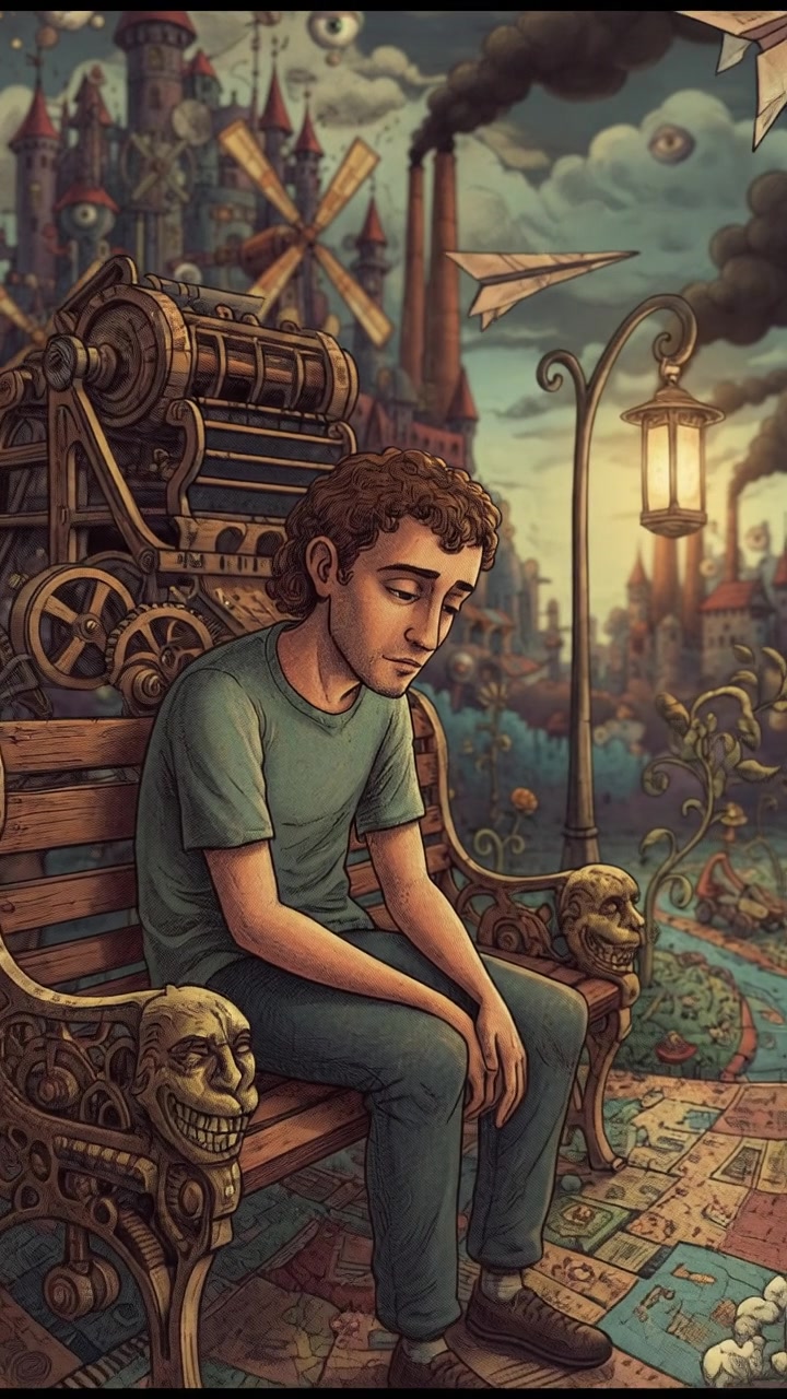 The Mateo sitting on a park bench, looking contemplatively at the ground.