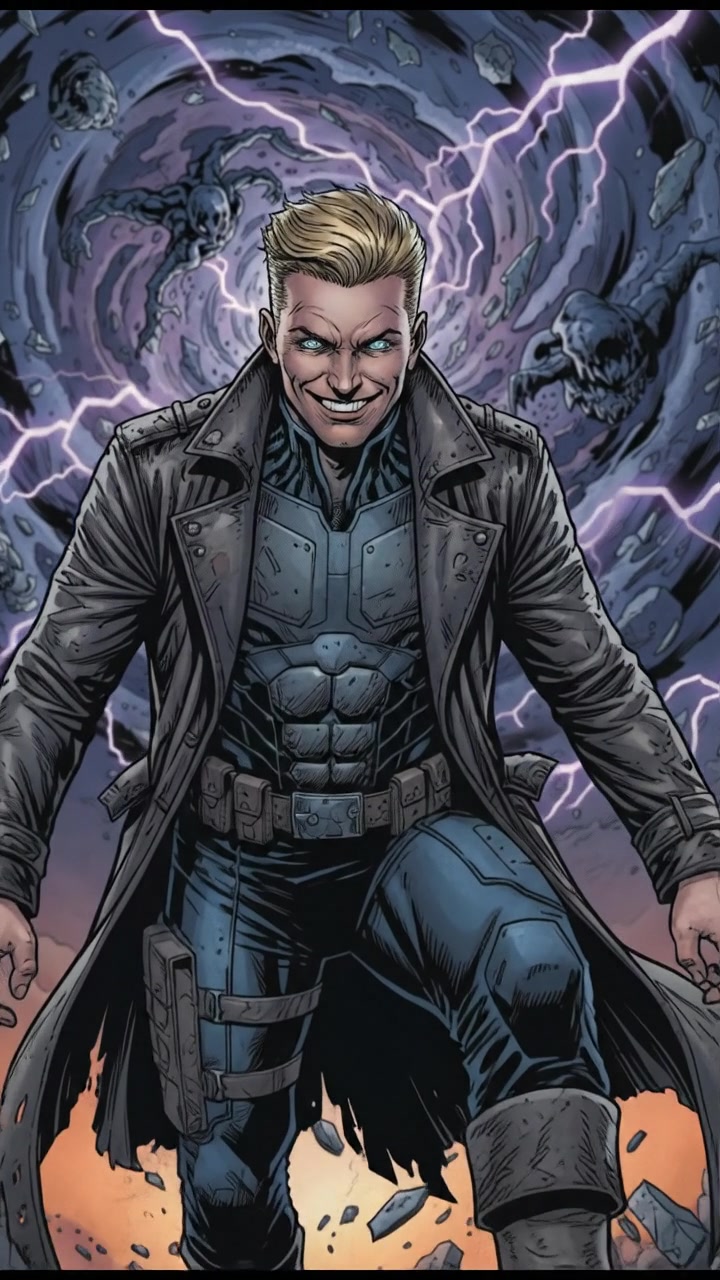 Ryan stepping out of the vortex, grinning mischievously, with chaos swirling around him.