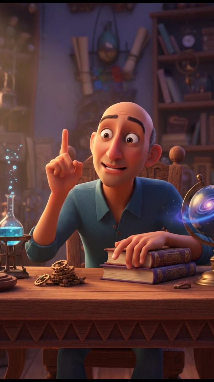 A close-up of Carlos sitting at a wooden desk, asking a question with a curious expression.