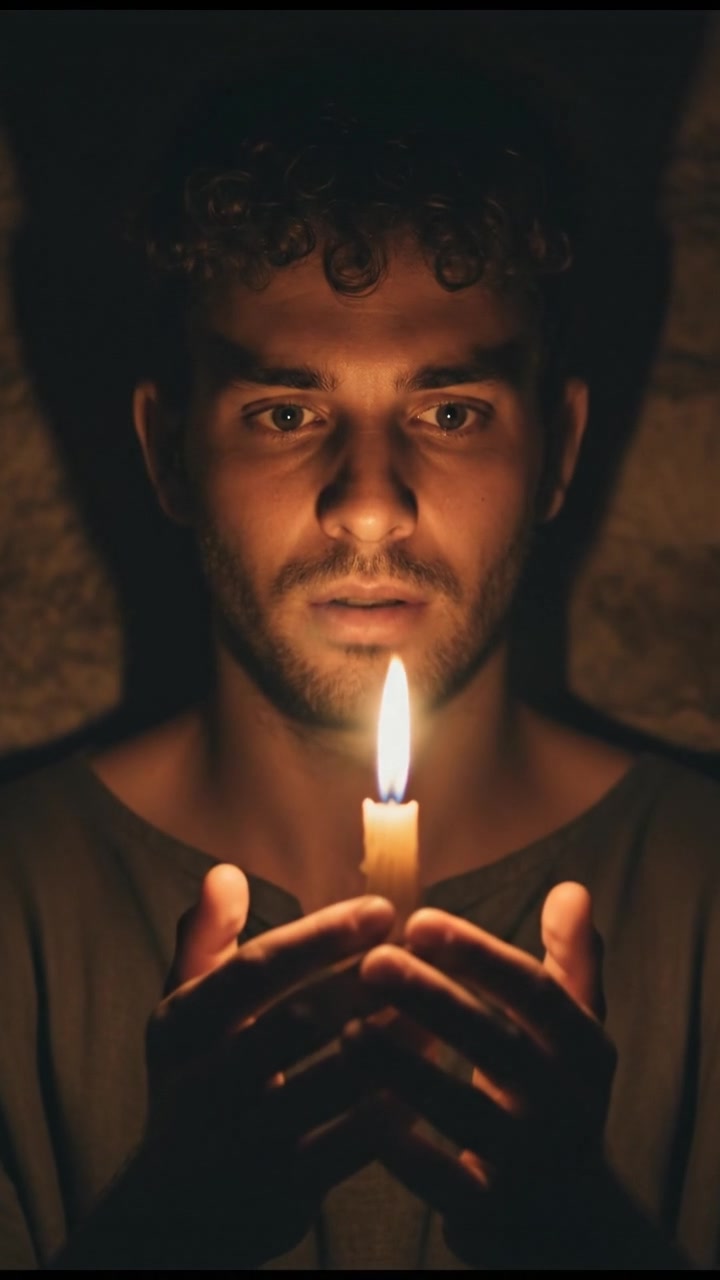 A close-up of the Mateo holding a flickering candle, looking at it with curiosity.